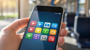 Smartfon z widocznymi aplikacjami VOD do oglądania polskiej telewizji online w podróży.