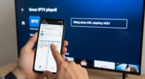Użytkownik kopiuje link do playlisty M3U ze smartfona, aby wkleić go do aplikacji IPTV na ekranie telewizora Smart TV.