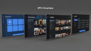 Porównanie interfejsów czterech różnych aplikacji IPTV: Smart IPTV, IPTV Smarters Pro, TiviMate i SS IPTV, pokazujące ich odmienny wygląd.