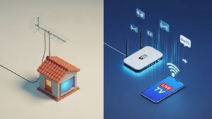 To visually illustrate the transition from old technology to digital streaming.