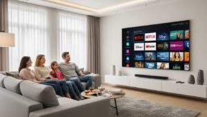 Telewizja internetowa na Smart TV w nowoczesnym salonie z dostępem do kanałów online