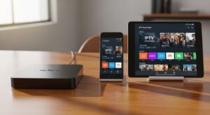 Różne urządzenia (TV Box, smartfon, tablet) wyświetlające aplikację do obsługi listy IPTV.