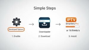 Infografika pokazująca w trzech prostych krokach proces instalacji aplikacji IPTV Smarters Pro na urządzeniu Amazon Fire TV Stick za pomocą aplikacji Downloader.