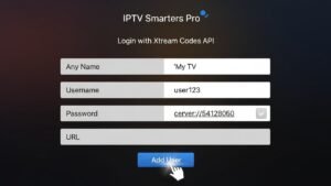 Ekran logowania w aplikacji IPTV Smarters Pro, pokazujący wypełnione pola do konfiguracji za pomocą metody Xtream Codes API, co jest najprostszym sposobem na dodanie subskrypcji.