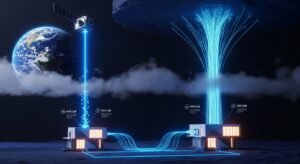 Schemat działania sygnału telewizji satelitarnej oraz internetowej w nowoczesnym domu.