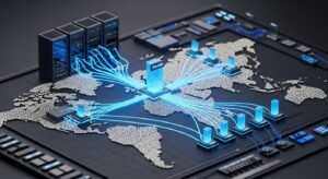 Infrastruktura IPTV pokazująca serwery, CDN i parametry bitrate oraz latency.