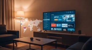 Smart TV z polską telewizją internetową za granicą w nowoczesnym salonie