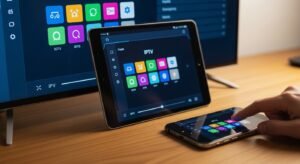 Synchronizacja Trex IPTV na Smart TV, tablecie i smartfonie pokazująca interfejs odtwarzacza multimedialnego.