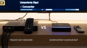 Porównanie tradycyjnego dekodera satelitarnego z nowoczesnym, małym Android TV Boxem, ilustrujące wybór sprzętu do konfiguracji IPTV Poland.