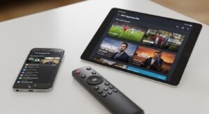 A smartphone and tablet on a coffee table, both displaying different screens of the IPTV Smarters Pro app, including multi-screen and channel lists, with a TV remote nearby.