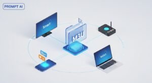 Ilustracja 3D przedstawiająca konfigurację listy M3U na Smart TV, telefonie i TV Boxie.