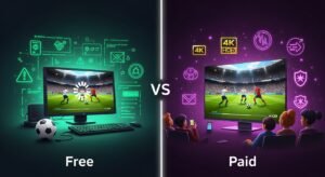 Porównanie jakości: po lewej zacinający się darmowy stream IPTV, po prawej płynny, wysokiej jakości obraz 4K.