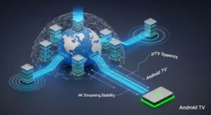 Interfejs aplikacji IPTV Smarters Pro wyświetlany na nowoczesnym telewizorze OLED w salonie.