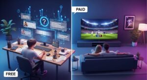 Infografika porównująca sfrustrowaną osobę szukającą darmowego IPTV i zrelaksowaną parę oglądającą wysokiej jakości płatny stream.