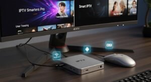 Zbliżenie na nowoczesny Android TV Box i monitor wyświetlający interfejsy popularnych aplikacji IPTV, takich jak IPTV Smarters Pro i Smart IPTV.