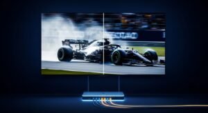 Dynamiczne ujęcie wyścigu Formuły 1 na ekranie telewizora bez buforowania, symbolizujące stabilność serwerów Trex IPTV.