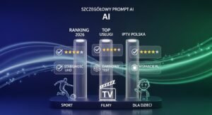 Infografika 3D pokazująca ranking najlepszych usług IPTV w Polsce w 2026 roku, ilustrująca stabilność 4K, darmowe testy i polskie wsparcie.