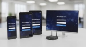 Aplikacja IPTV Smarters Pro uruchomiona na różnych urządzeniach mobilnych z systemem Android, pokazująca uniwersalność odtwarzacza.