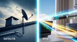 Grafika koncepcyjna pokazująca różnicę między tradycyjną anteną satelitarną na dachu a nowoczesnym, szybkim światłowodem używanym do IPTV.