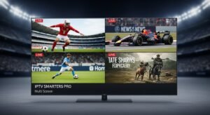 Telewizor z włączoną funkcją Multi-Screen w IPTV Smarters Pro, umożliwiającą oglądanie czterech różnych kanałów na żywo jednocześnie.