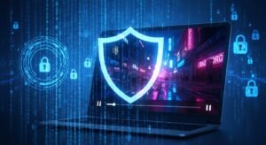 Wizualizacja przepływu danych strumieniowych z serwera do urządzenia TV Box, symbolizująca brak buforowania.