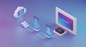 Izometryczna infografika pokazująca proces konfiguracji listy M3U na przystawce Android TV Box i telewizorze.