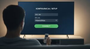 An over-the-shoulder view of a person using a remote control to type an M3U URL into a "SETUP" screen on a large TV to configure their IPTV player.
