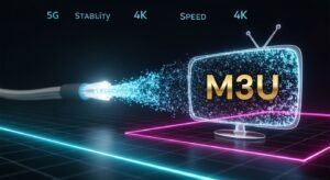 Abstrakcyjna grafika przedstawiająca szybki internet światłowodowy i stabilny przesył danych m3u iptv.