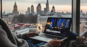 Osoba oglądająca polską telewizję na laptopie za granicą, ze stylizowanym widokiem zagranicznego miasta w tle, ilustrująca IPTV dla Polonii.