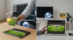 Three different mobile devices showing high-definition sports content, illustrating the flexibility of IPTV Pro.