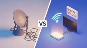 An isometric comparison between traditional satellite TV and the simple, wireless setup of IPTV Pro.