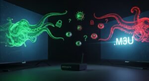 Ekran telewizora i przystawka Android TV emitujące złowrogie macki symbolizujące wirusy i zagrożenia cyfrowe pochodzące z pliku M3U.