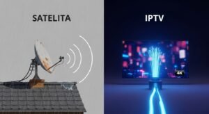 Porównanie tradycyjnej anteny satelitarnej i nowoczesnej telewizji internetowej IPTV przez światłowód.