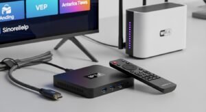 Zestaw urządzeń do IPTV: Android TV Box z pilotem, kabel HDMI oraz router Wi-Fi na czystym blacie, gotowe do podłączenia.