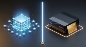 Koncepcyjne zestawienie graficzne: świecąca, otwarta sieć społecznościowa open-source obok eleganckiego, czarnego dekodera premium ze złotymi akcentami.