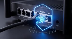 Kabel Ethernet ze świecącym strumieniem danych i cyfrową tarczą ochronną VPN, symbolizujący stabilne połączenie i likwidację buforowania w telewizji IPTV M3U.