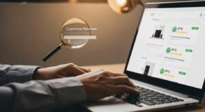 Checking IPTV seller reviews on a laptop