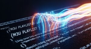 Koncepcyjna wizualizacja pliku tekstowego M3U przekształcającego się w cyfrowy, świetlisty strumień wideo, ilustrująca jak działają listy kanałów IPTV.