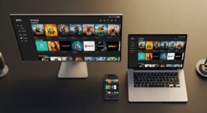 Telewizor Smart TV, nowoczesny smartfon i laptop wyświetlające tę samą aplikację do odtwarzania list kanałów IPTV M3U, pokazujące wieloplatformowość usługi.