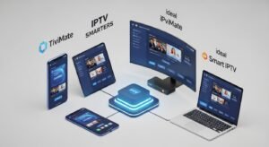 Ilustracja 3D pokazująca smartfon, tablet, laptop i TV Box wyświetlające aplikacje IPTV smart player, symbolizująca wszechstronność oprogramowania.