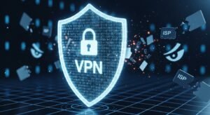 Koncepcyjna grafika przedstawiająca cyfrową tarczę ochronną z napisem VPN, zabezpieczającą strumień danych wideo przed inwigilacją.