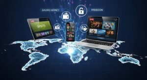 Ilustracja koncepcyjna przedstawiająca dostęp do globalnej telewizji na różnych urządzeniach mobilnych.