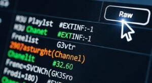 Zbliżenie na ekran monitora wyświetlającego kod tekstowy listy M3U z wyraźnie podświetlonym przyciskiem 'Raw'.
