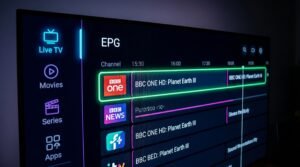 interfejs aplikacji iptv player windows wyświetlający przewodnik po programach.