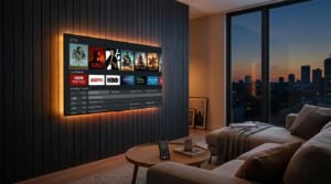 Interfejs użytkownika telewizji VOD i kanałów na żywo prezentujący what is IPTV w nowoczesnym salonie