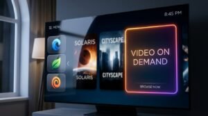 Intuicyjny interfejs użytkownika telewizji orange iptv na dużym ekranie Smart TV.