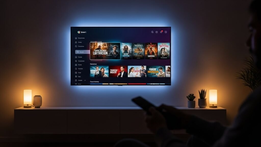 Nowoczesny telewizor Smart TV w salonie wyświetlający aplikację streamingową polskiej telewizji.