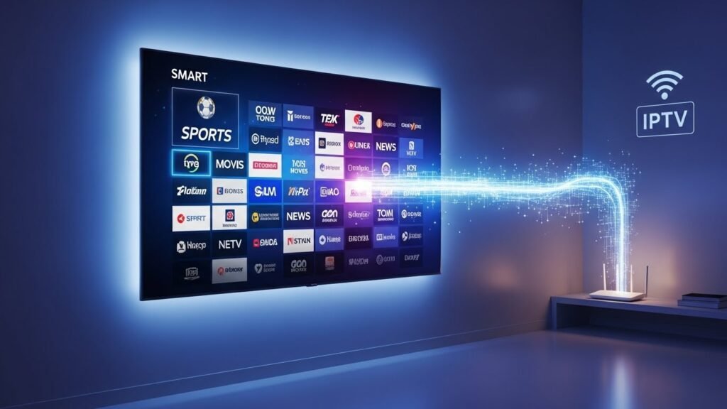 Nowoczesny salon z telewizorem Smart TV, na którego ekranie widać siatkę kanałów IPTV, połączonym z routerem za pomocą świetlistego strumienia danych.